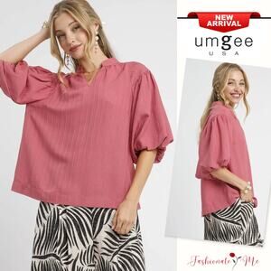 Umgee Textured Short Puff Sleeves Notch Neckline Casual Oversized Blouse | Rose